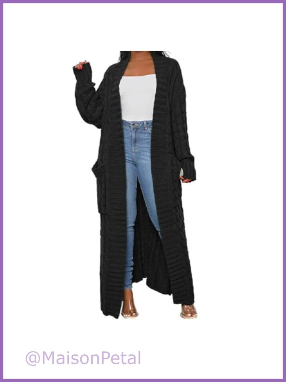 Cable Knit Open Front Maxi Cardigan with Pockets